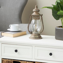 Deco 79 Metal Room Accent Lamp Distressed Antique Style Lantern Table Lamp, Lamp 7" x 5" x 17", Bronze