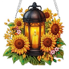 MXJSUA Lantern Sunflowers Diamond Painting Pendant, Diamond Painting with Chain Adults, Diamond Painting Window Pictures, Hanging Ornament Craft Set for Wall and Entrance Decor