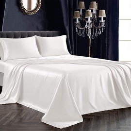 SiinvdaBZX 4Pcs Satin Sheet Set King Size Ultra Silky Soft Ivory White Satin King Bed Sheets with Deep Pocket, 1 Fitted Sheet, 1 Flat Sheet, 2 Envelope Closure Pillowcases