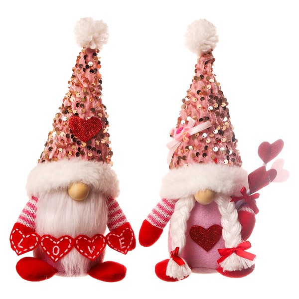 2 Pezzi Decorazioni Gnome di Valentine's Day, Gnome di peluche con cappello di paillettes, Mr. e Mrs. Bambole peluche svedesi fatte a mano, Coppia rosa di ornamenti di gnomi senza volto per Esso