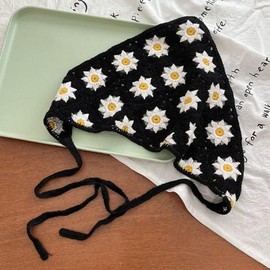 FZBNSRKO 1 Pack Crochet Bandana Head,Kerchief Hair Scarf,Knitted Hair Crochet Hair Kerchief Tie Headwrap Floral Hair Bandanas for Women Girls,Black
