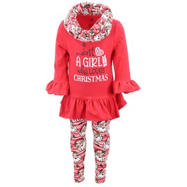 Unique Baby Girls Who Love Christmas Scarf Legging Set Outfit Clothes (5Y, Red)