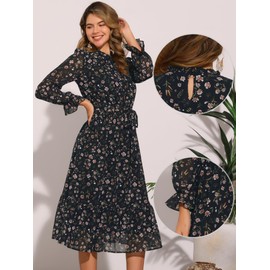 Allegra K Fall Casual Floral Dress for Women 2025 Long Sleeve Crew Neck Chiffon Midi Tea Party Ruffle Dresses Small Black