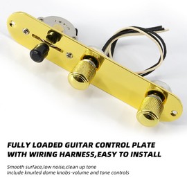 Domofa Loaded Guitar Control Plate Prewired 3-Way Switch 250K Large Potentiometers Knurled Volume Tone Controls Knobs for Tele/Telecaster Electric Guitar Parts Replacement (Gold)