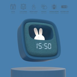 MOB – MOBILITY ON BOARD Billy Clock Kids Rabbit Night Light Alarm Clock and Night Light for Kids, Fabric Front, Plastic Frame, Soft Touch Programming Date, Time and 3 Alarms (Blue)