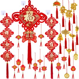 Winlyn 27 Pcs Chinese Lunar New Year Decorations Fu Character Hanging Decoration 4-Layer Prosperity Ornaments Festive Golden Red Good Luck Ornaments for Asian Spring 2025 Year of The Snake Party Decor