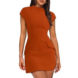 OFEEFAN Fall Dresses for Women 2025 Mock Neck Bodycon Dress Caramel M