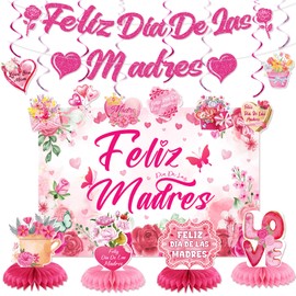 Mother's Day Party Decorations Set, Banner Backdrop, Swirls, Honeycomb Centerpiece, Party Supplies