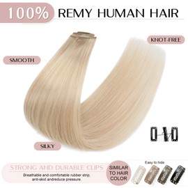 SEGO Clip-in real hair extensions, 8-piece set, 100% human Remy human hair, soft, silky, thin, straight, 18 inches (45 cm), 70 g, light blonde highlights, ash blonde #16/22