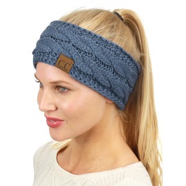 C.C Soft Stretch Winter Warm Cable Knit Fuzzy Lined Ear Warmer Headband, Dark Denim