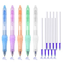 BAYTORY 5 Pcs Erasable Gel Pens, Fine Point 0.5mm Black Ink Erasable Pen with 10 Refills, Comfort Grip Writing Pens with Erasers, for Office School & Home Supplies (Blue Ink)