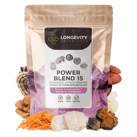 Longevity Botanicals Power 15 Mushroom Blend Extract Powder 100g | Lion’s Mane, Turkey Tail, Reishi, Chaga, Cordyceps, Maitake, Tremella & More | 10:1 Ratio | Complex Mix for Immune & Vitality Support