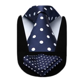 HISDERN Extra Long Polka Dots Tie Handkerchief Men's Necktie & Pocket Square Set, XL, 63 inches length, Navy Blue / White