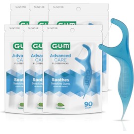 GUM Advanced Care Flosser Picks, Infused with Vitamin E & Fluroide, Fresh Mint Flavour, 6 Bags X 90ct (540 flossers), Blue, 888DF