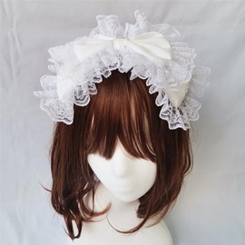 Lolita Lovely Lace Headband Hair Clips Sweet Big Bow Hair Hoop Cosplay Gothic Hairbands for Girls Women (White, Large)