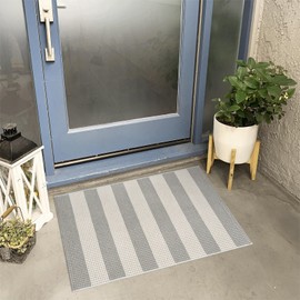 Sungea Striped Grey and White Outdoor Rug 2x3,Washable Reversible Front Door Mat Cotton Hand-Woven Porch Rug, Foldable Spring Layered Door Mats for Entryway/Farmhouse