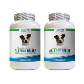 HAPPY PET VITAMINS LLC Dog Allergy Itch Relief - Dog Allergy Relief - Immune Booster - Itch Relief - Skin Soother - Treats - Dog tumeric Vitamin - 2 Bottles (150 Chewable Tabs)