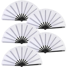 Huralona 5 Pack Large Folding Hand Clap Fan Fabric Rave Popping Fans Chinese Kung Fu Tai Chi Hand Fan Festival Dance Gift Performance Decorations (White)