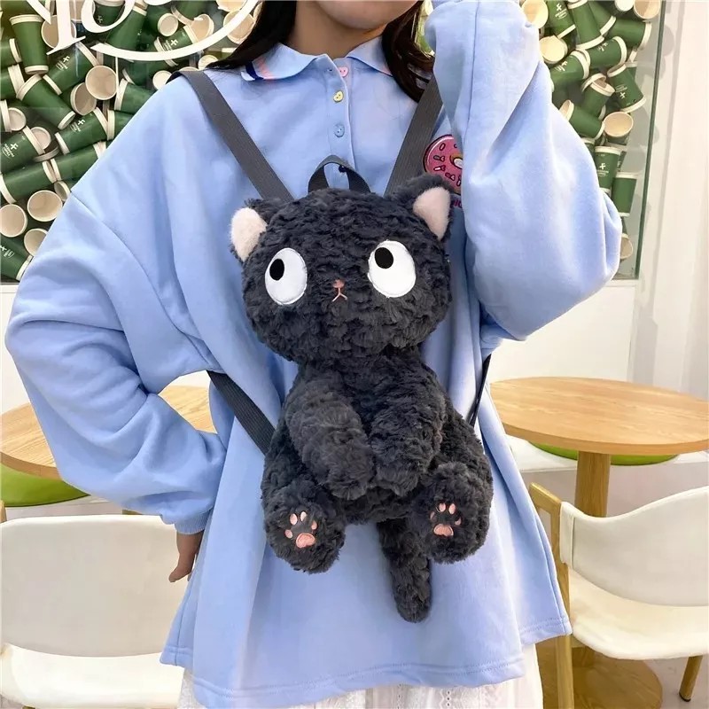 Jextech Mochila Con Cierre Esponjoso Gato Peluche Negro Muñeco 30cm