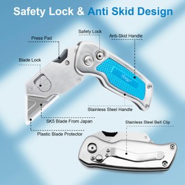 Vickay Box Cutter, Utility Knife with Clip, Stainless Steel Body Handle, Quick-change Blade and Safety Axis Lock, Razor Knife, Cardboard Cutter with Extra 5PC SK5 Blades (Blue)
