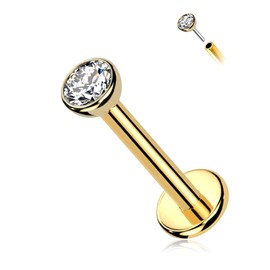 Melighting 14K Solid Gold Flat Back Earring Titanium Threadless Push In Earring 18G Gold Cartilage Earring Clear CZ 6 mm Conch Piercing 2.5 mm Top Helix Earring