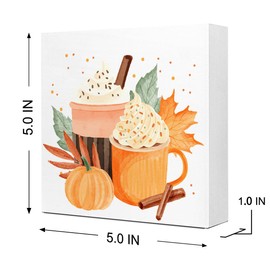 Fall Table Decor,Watercolor Fall Pumpkin Spice Latte Thanksgiving Wood Block Sign Desk Decor,Rustic Autumn Harvest Seasonal Wooden Box Sign Decor for Farmhouse Home Shelf Table Decoration Q706