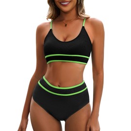 High Waisted Bikini Sets for Women Sporty Two Piece Swimsuit Ribbed Color Block Bathing Suit Black Neon Green Large