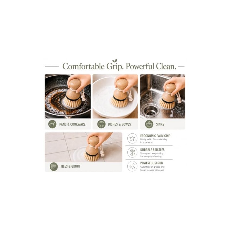 Kitchen Simple Bamboo Palm Brush Set, 2 Pack Dish Scrub