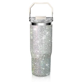 Bling Rhinestone Studded Tumbler with Top Handle, Bling Cups Stainless Steel Water Bottle Diamond Glitter Tumbler for Women - Birthday Gifts for Women, Mom,Get Well Soon Gifts (Northern light)