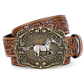 SANSTHS Cowboy Belt Men Women Floral Embossing Longhorn Western Leather Buckle Belt for Jeans Cowgirl Outfit, horse coffee