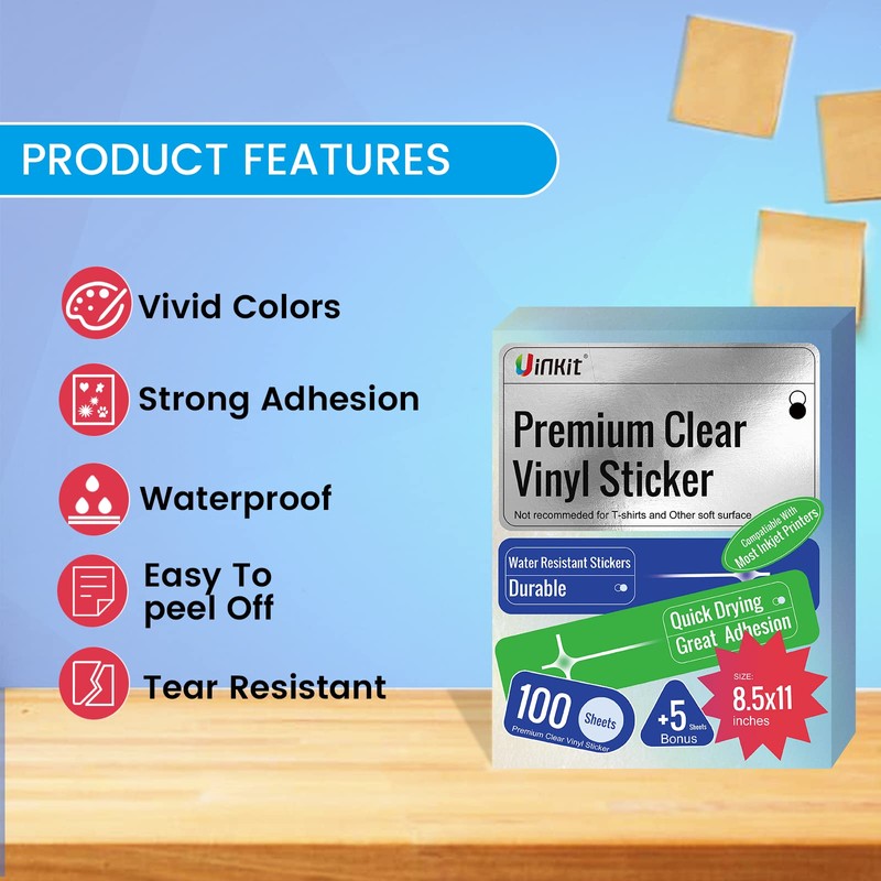 Uinkit 105Sheets Premium Clear Vinyl Sticker Paper for Inkjet Printer