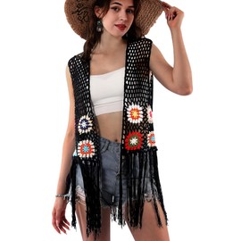 Women's Floral Crochet Hollow Out Sleeveless Fringe Long Boho Retro-look Handmade Cardigan Vest