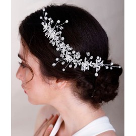 Chargances 2pcs Wedding Bride Rhinestone Hair Vine Comb Flower Pearl Leaf Hair Side Comb Accessories Fashion Head Pieces for Women Girls Porm (Rose Gold)