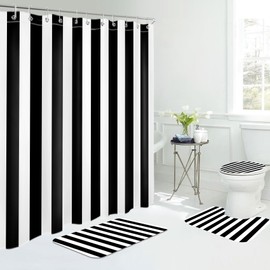 MYUSRE 4 Piece Black and White Striped Shower Curtain Set Vertical Stripe Bathroom Decor with Non Slip Bath Mat Toilet Lid Cover Modern Bathroom Accessories, 72 x 72 Inch