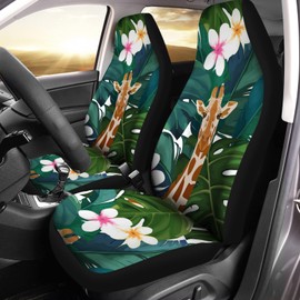 Bulopur Tropical Leaves Giraffe Printed Car Seat Covers Set for Womens, 2pcs Auto Front Seat Protector Universal Car Interior Accessories Full Set, Durable Auto Seat Cushion Pads