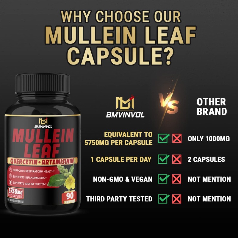 Mullein Leaf Capsules 𝟓𝟕𝟓𝟎𝐦𝐠 Strength w. Quercetin, Artemisinin, Quinine -