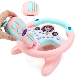 deAO Kids Steering Wheel for Backseat with Key Baby Toys Pretend Driving Simulated Steering Wheel Toy with Light and Music Gifts for Kids Toddlers (Pink)