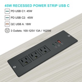 45W Recessed Power Strip USB C, Flush Mount Desk Extender 3 AC Outlets 2 PD USB-C&1 Fast Charge USB-A Ports,Flat Plug Extension Cord for Drawer Cabinet Countertop Table Conference Black