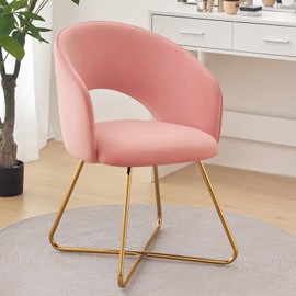 Furniliving Velvet Vanity Chair with Curved Back, Upholstered Barrel Desk Chair with Gold Legs, Mid Century Modern Accent Chair for Living Room, Dressing Room, Bedroom, Pink