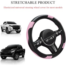 Wevdn - Funda elástica para volante de coche, piel de microfibra y fibra de carbono, con forro antideslizante, accesorios interiores del coche (negro y rosa)