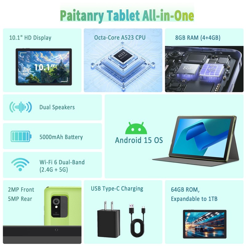 paitanry Tablet 10 Inch – Android 15 Tablets for Adults