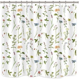 Riyidecor Fabric Floral Shower Curtain 72Wx72H Inch Botanical Plant Green Leaves Flower Spring Watercolor Herbs Decor Bathroom Accessories for Girl Women 12 Pack Plastic Shower Hooks Included RY-OISL