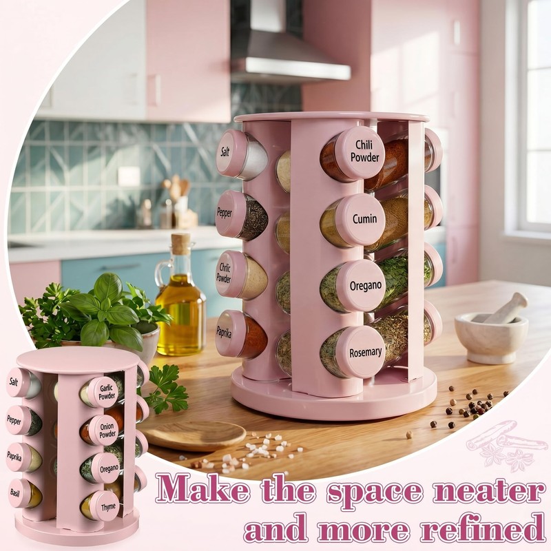 Yungyan Pink Rotating Spice Rack Seasoning Organizer with 16 Empty