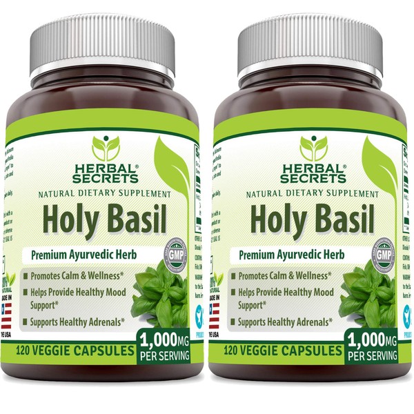 Herbal Secrets Holy Basil 1000 Mg Per Serving Capsules (Non-GMO)- Promotes Calm & Wellness, Helps Provide Healthy Mood Support, Support Healthy Adrenals* (120 Capsules (2 Pack))