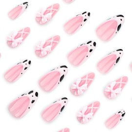 Almond Cow Print French Tip Press on Nails 3D Bow Knot Fake Nails Glossy Pink False Nail Tips with Interlaced Stripes Designs Full Cover Glue on Nails Stick on Nails for Women Nail Art Decorations