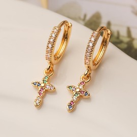 Cute Cross Dangle Drop Cartilage Small Huggie Hoop Earrings for Women Girls Colorful Cubic Zirconia Minimalist Charm Dangling Cuff Sleeper Hoops Dainty Jewelry Gifts Birthday Xmas (Gold)