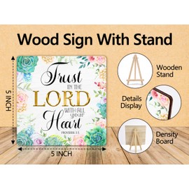Christian Wood Sign, Trust In The Lord With All Your Heart Bible Verse Gifts For Women, Floral Religious Wooden Plaque Desk Decor With Stand, Inspirational Christmas Gifts For Family Friends -11