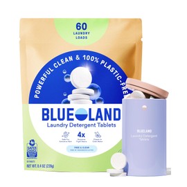 BLUELAND Laundry Detergent Tablets, Starter Set, 60 Count with Tin, Plastic-Free Eco-Friendly Pods, Sheets, Liquid Alternative - Fragrance Free and Clear, Natural, Gentle