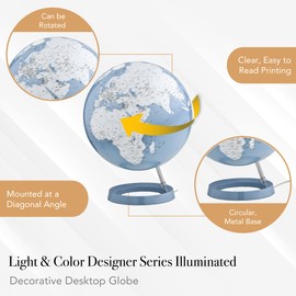 Waypoint Geographic Light & Color Globe Blue, 12" Illuminated Designer Series World Globe, Elegant, Minimalist Decorative Globe for Home and Office Décor