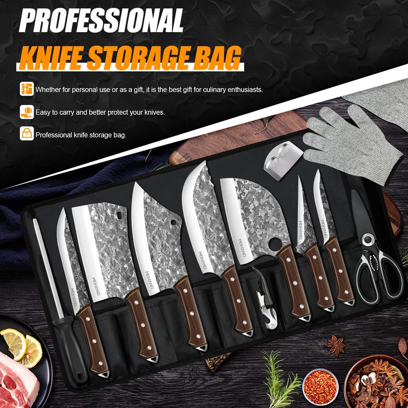 MDHAND 14PCS Professional Butcher Knife Set with Roll Bag, Heavy
